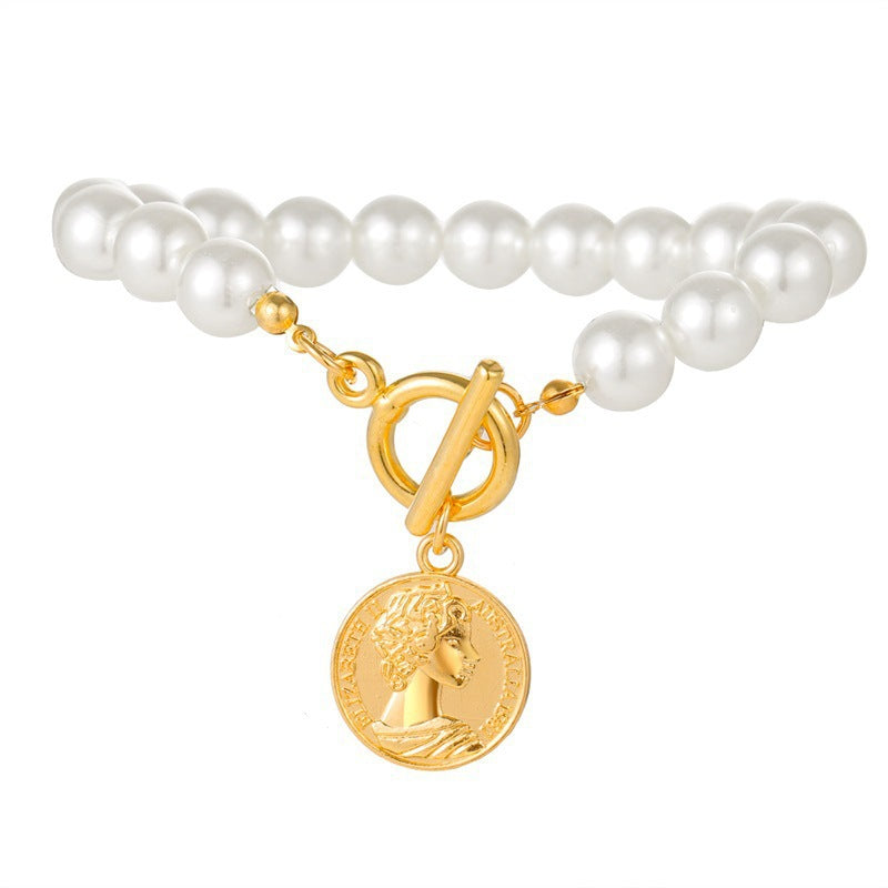 OT Clasp Lock Pearl Pendant Necklaces Gold Coin Charms