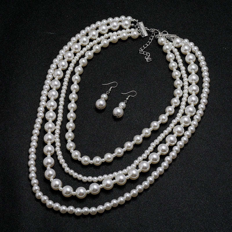 Multi Layers Long Pearl Necklace Earrings Set for Women