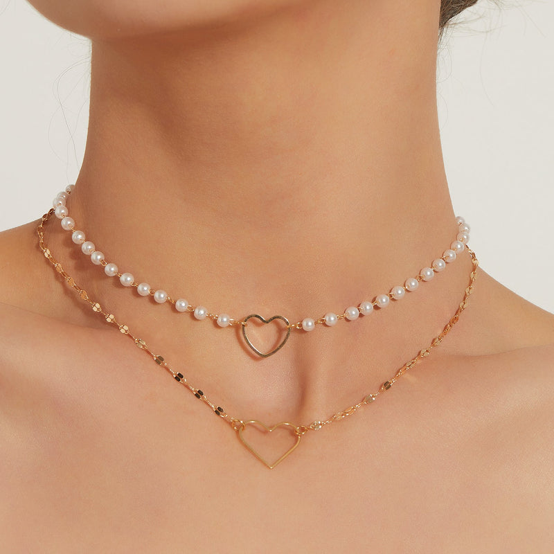 Beaded Pearl Necklace Heart Pendant