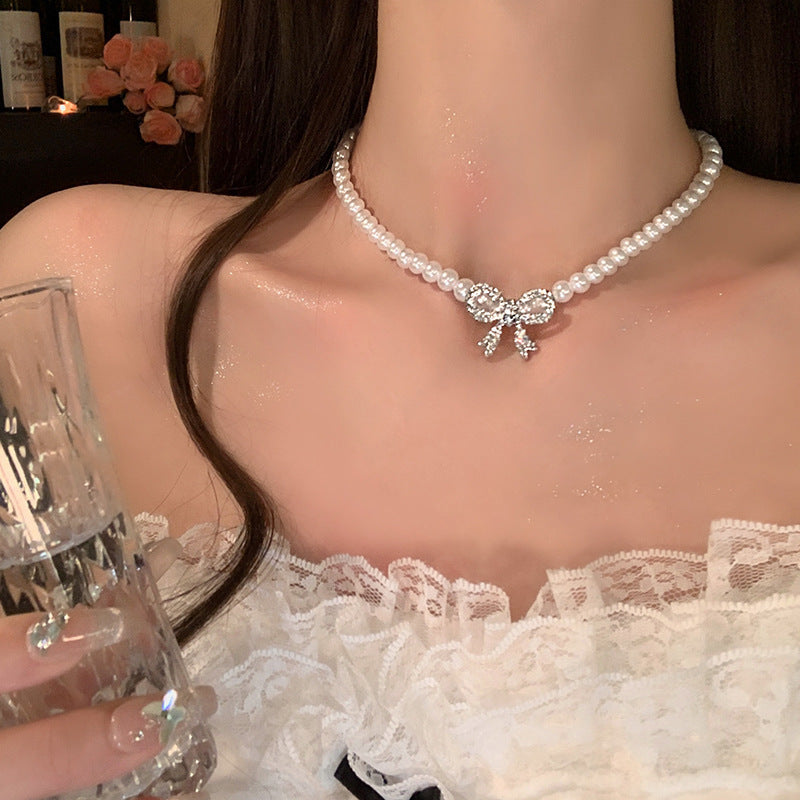 Pearl Rhinestone Bowknot Shiny Choker Necklace for Women