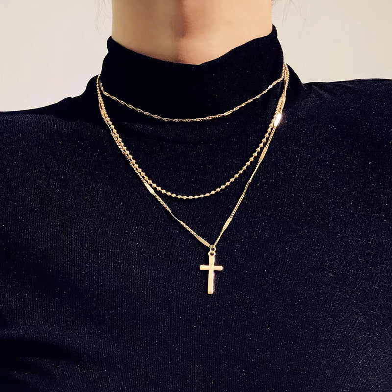Vintage Multi Layer Chain Necklace Cross Pendant