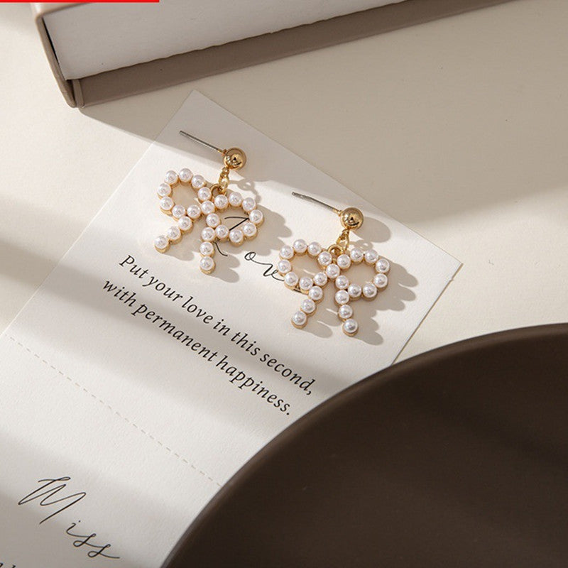 Pearl Dangle Hollow Bow Earrings
