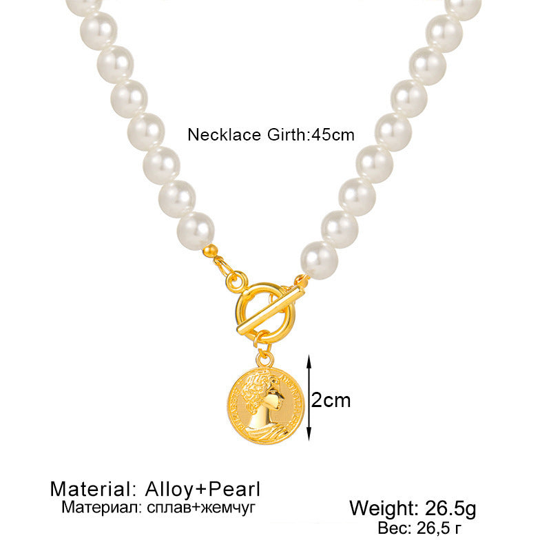 OT Clasp Lock Pearl Pendant Necklaces Gold Coin Charms