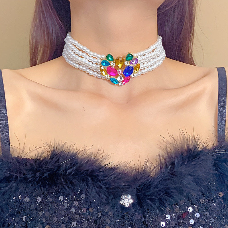 Exaggerated Crystal Colorful Large Heart Pearl Necklace