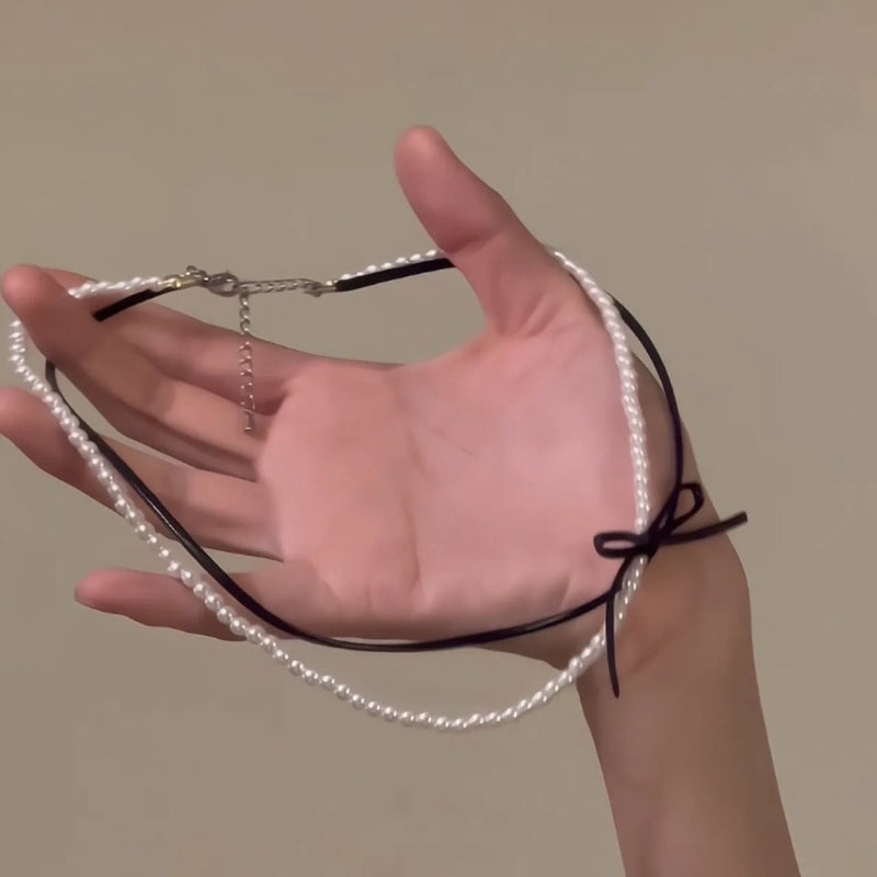 PU Leather Bow Clavicle Chain Choker Pearl Girl Necklace