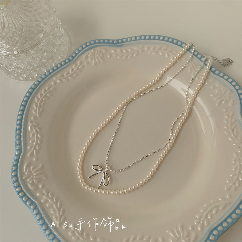 Bow Knot Shape Necklace Women Pearl Beads Necklace