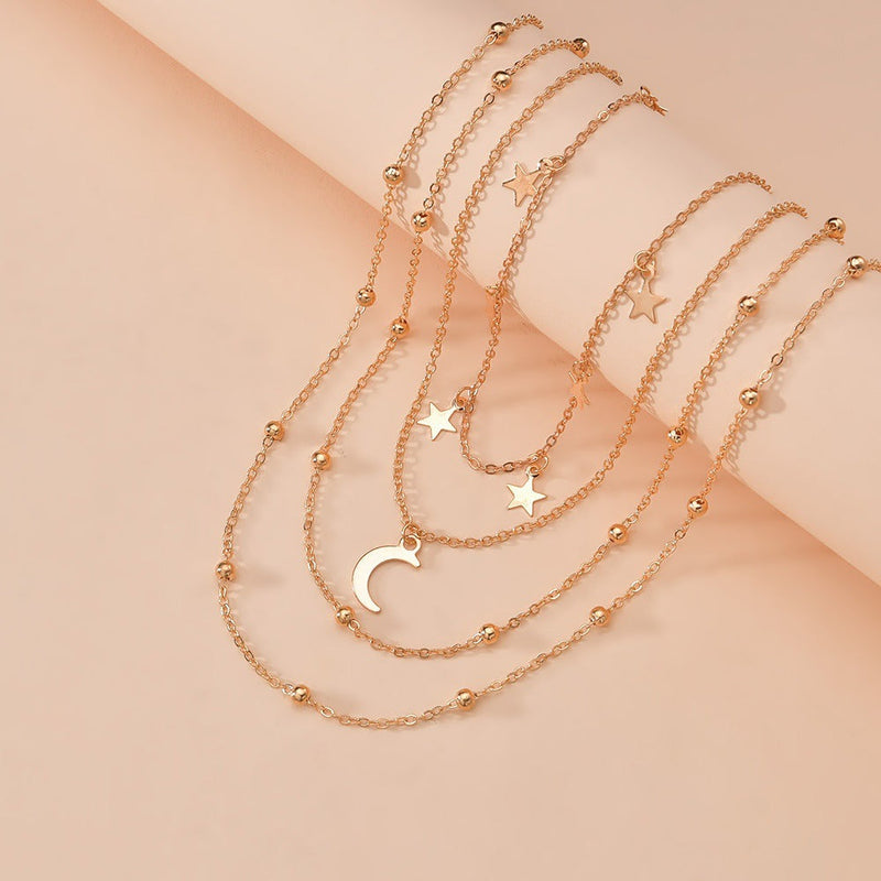 Fashion Star and Moon Three Layer Plated Gold Necklace
