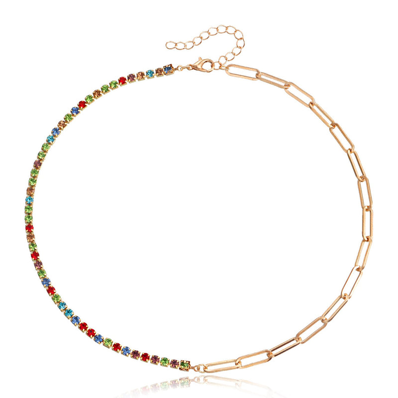 Paper Clip Chain with Colorful Zirconia Tennis Necklace