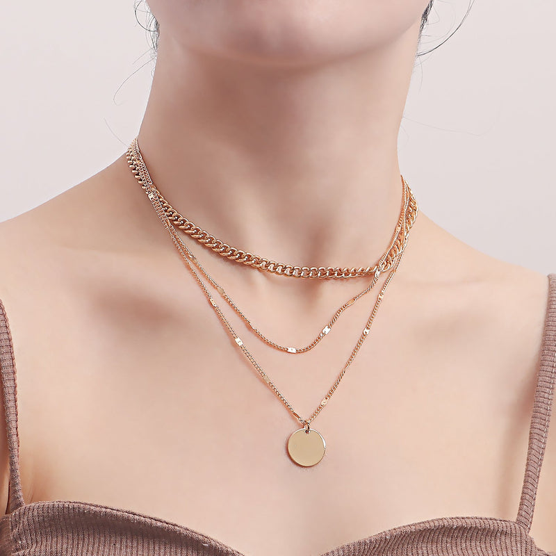 Multi Layered Chain Necklace for Women with Round Charm Pendant
