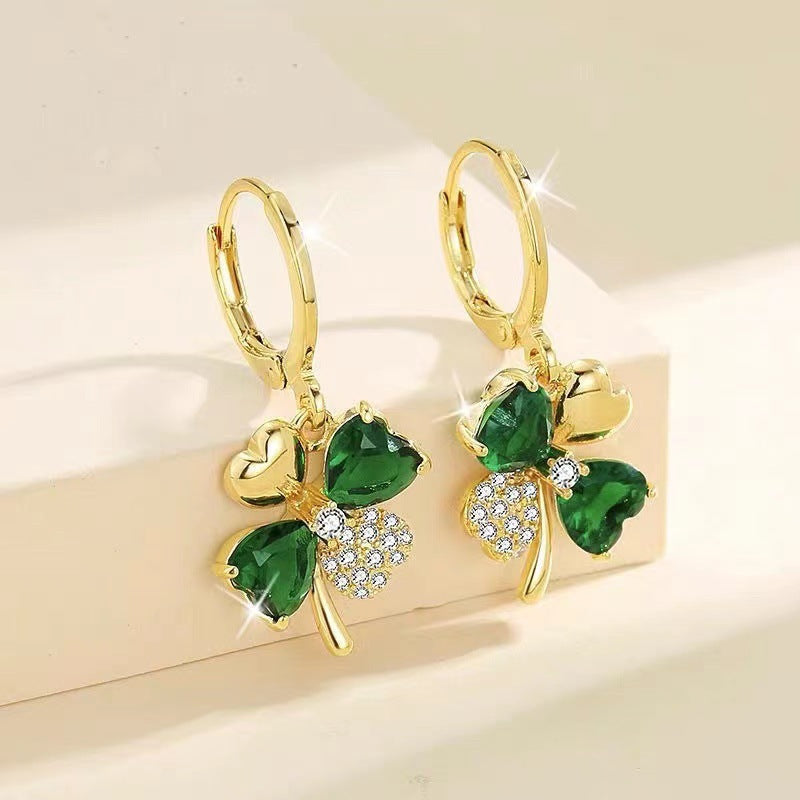 Crystal Rhinestone Four Clover Leaf Shaped Hoop Earrings