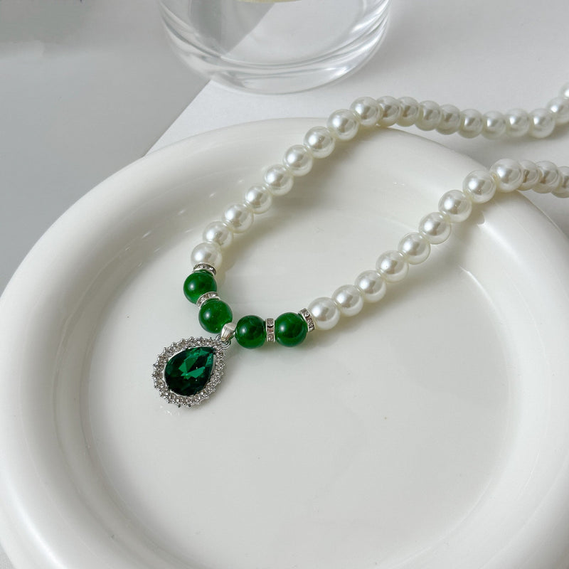 Glass Pearl Emerald Waterdrop Pendant Necklace Set