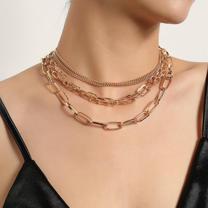 Punk Style Geometric Multi-Layered Mixed Chain Link Necklace