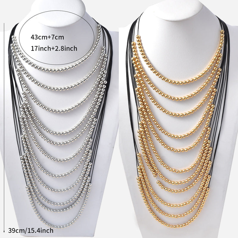 Multi-Layered Necklace Gold Silver Beaded Chains Necklace Sweater Chain