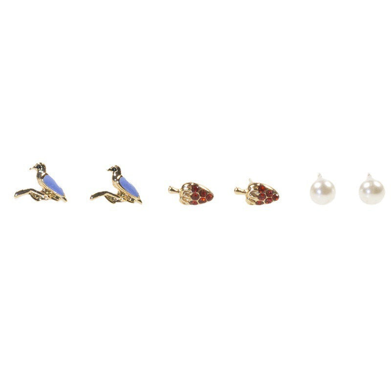 Bird Strawberry Stud Earrings Set