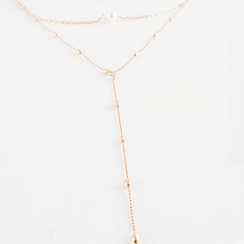 Long Multilayer Beads Chain Pendant Pearl Necklace