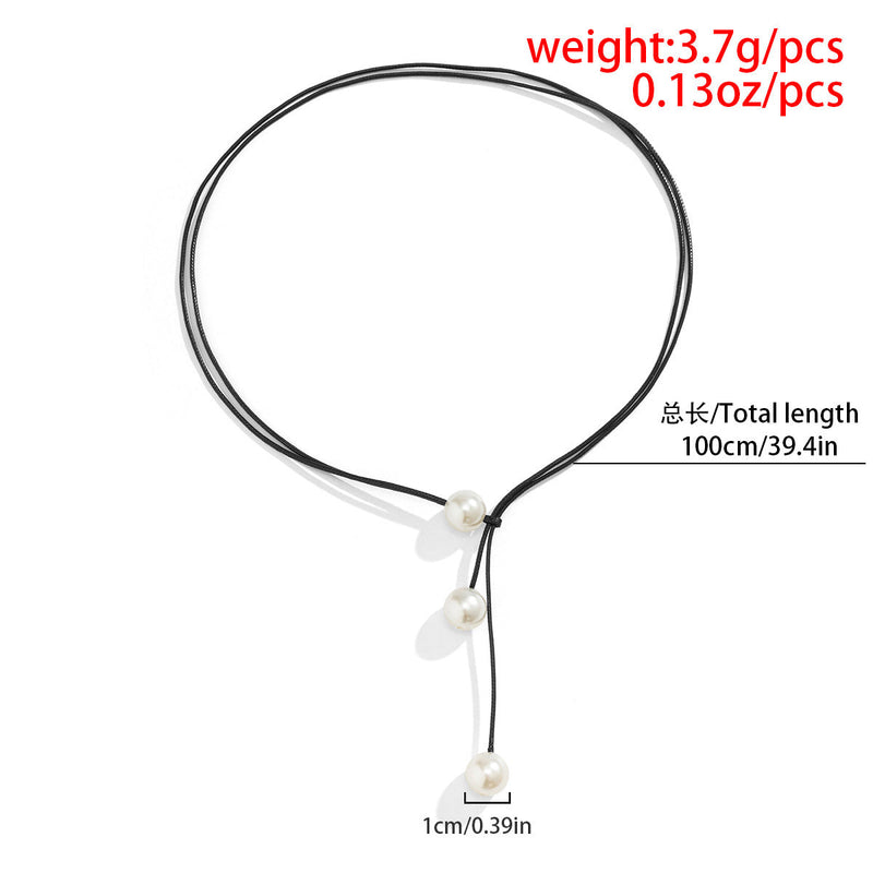 Gorgeous Black Wax Rope Faux Pearl Pendant Necklace