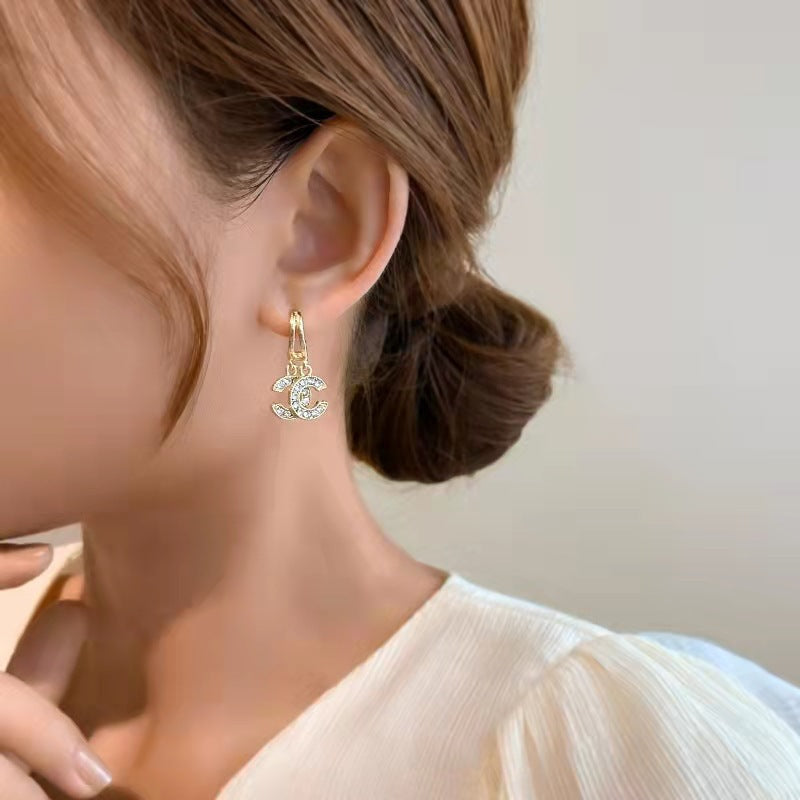 Double C Letter Rhinestone Earrings