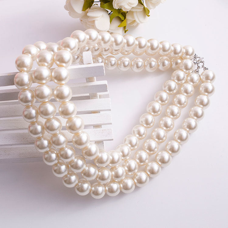 White Pearl Layered Necklace Multi Strand Beaded Pearl Necklace