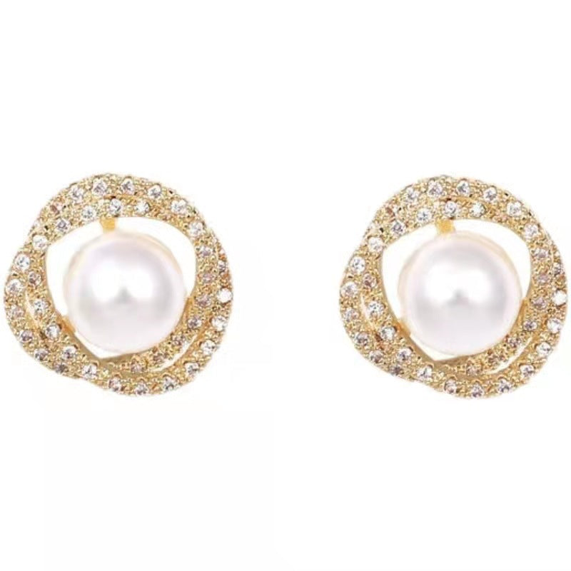 Round Crystal Rhinestone Pearl Stud Earrings