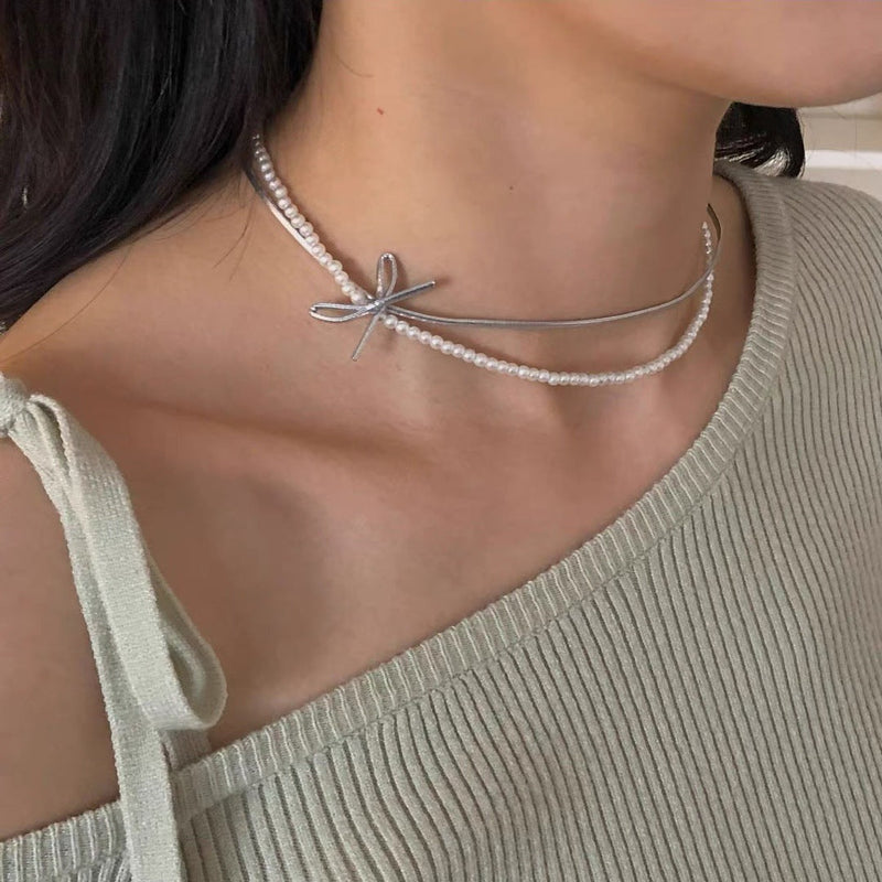 Double-layer Pearl Leather butterfly Collar Necklace