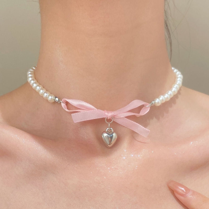 Romantic pink love Bow Pearl Necklace
