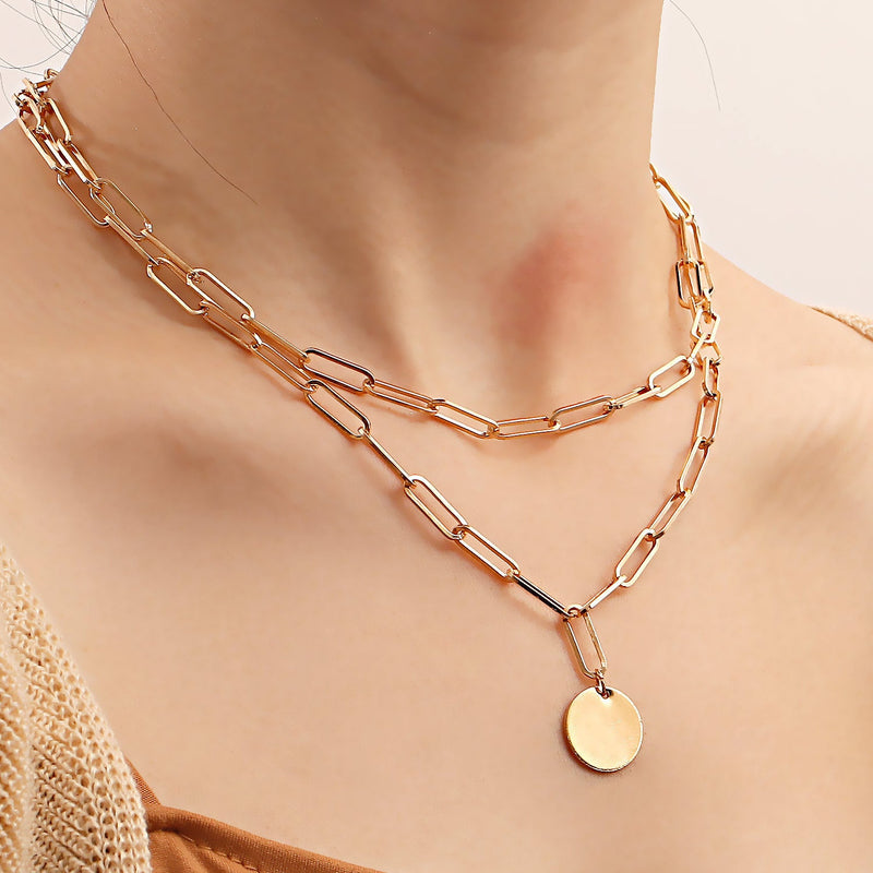 Coin Pendant Paper Clip Chain Necklace