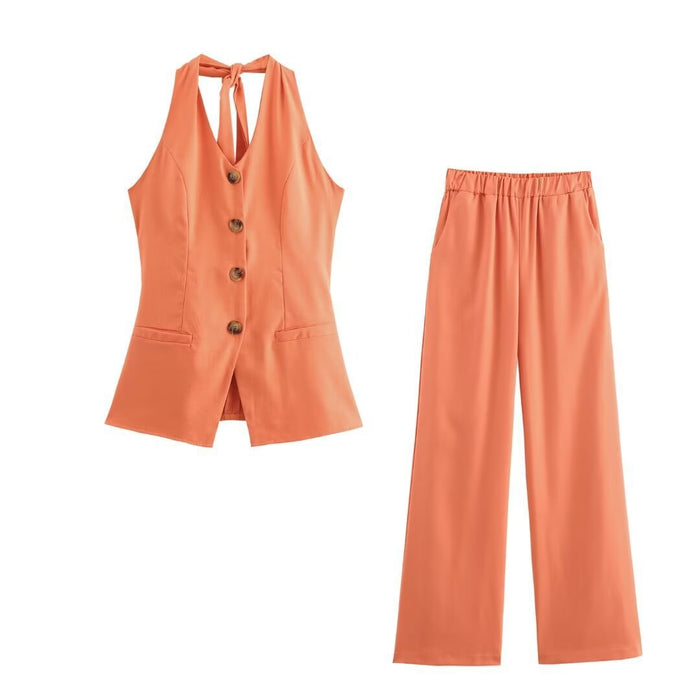 Women's Linen Halter Lace-up Top Vest Elastic Waist Wide Leg Trousers Suit