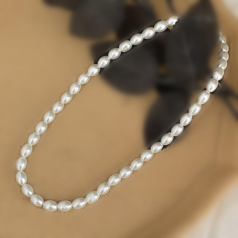 Oval Glass Pearl Chain Necklace