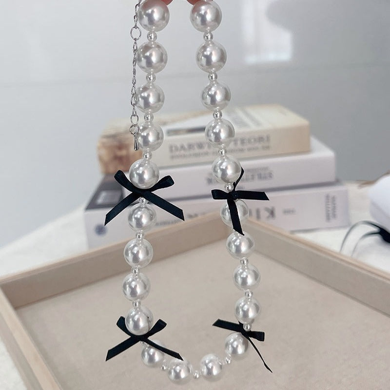 Ribbon Bow Necklace Women's Love Pearl Bead Layered Necklace