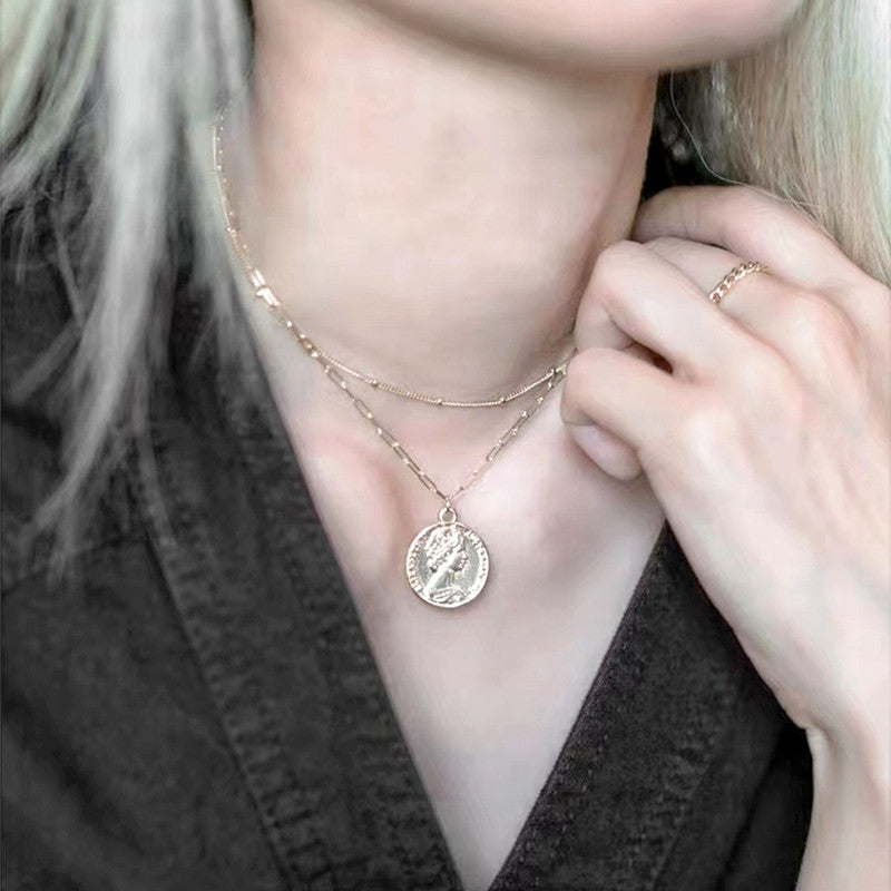 Double Layer Link Chain Coin Necklace