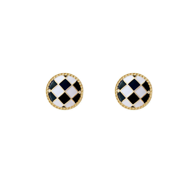 Black White Enamel Checkerboard Stud Earrings