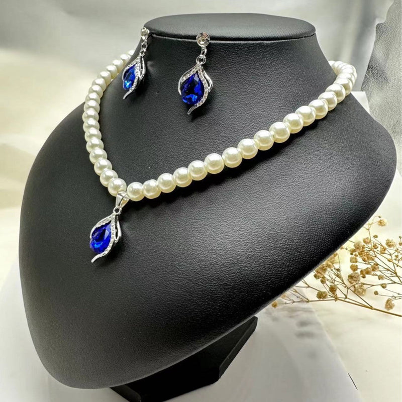 Blue RhineStone Pendant Pearl Beaded Necklace Jewelry Set
