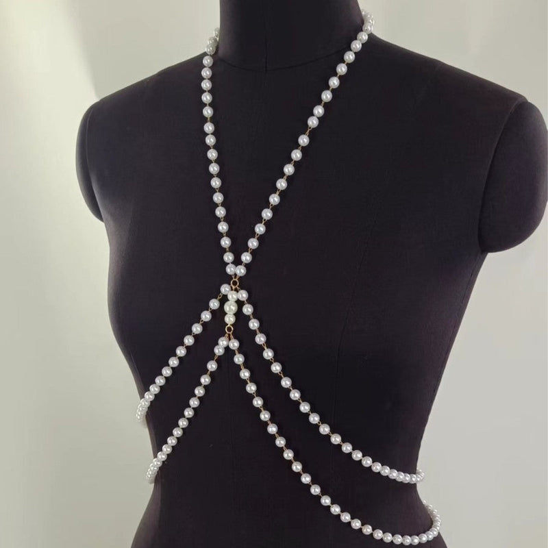 Double Layer Cross White Pearl Waist Chain for Women