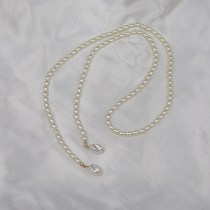 Vintage Long Glass Oval Pearl Necklace with Small Pearls