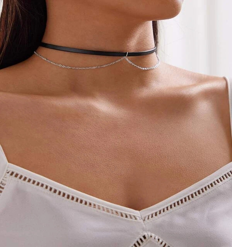 Girl Short Choker Necklace Elegant Leather Rope