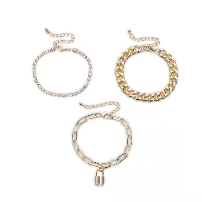 Layered Cuban Chain Bracelet Set Lock Charm