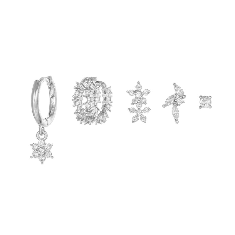 Stacking 5 Pieces Floral & Geometric Zirconia Earring Set, 18k Gold Plated Studs, Drops & Hoops,  S925 Needle, Stacked Lobe Designs with Dazzling Zirconia