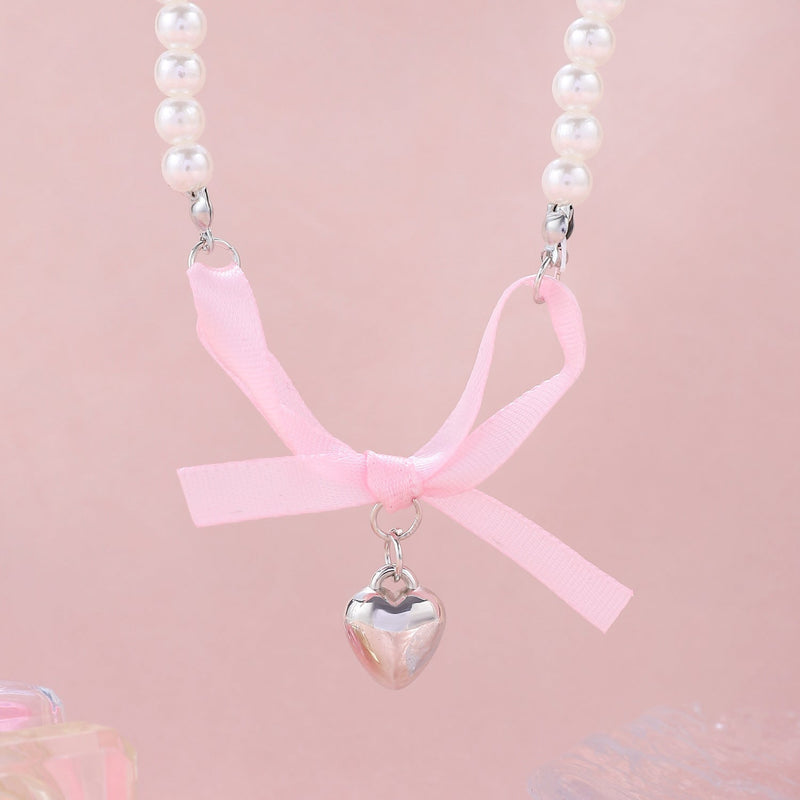 Romantic pink love Bow Pearl Necklace