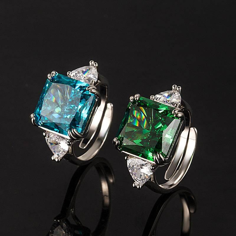 Multicolor Ice Flower Cut Square CZ Adjustable Ring, Blue & Green 12*12mm 8A Main Cubic Zirconia, Two Heart Side CZ, Dainty Luxe