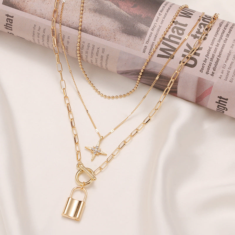 Heart Star Charm Paperclip Chain Choker Necklace Layered Lock Pendant
