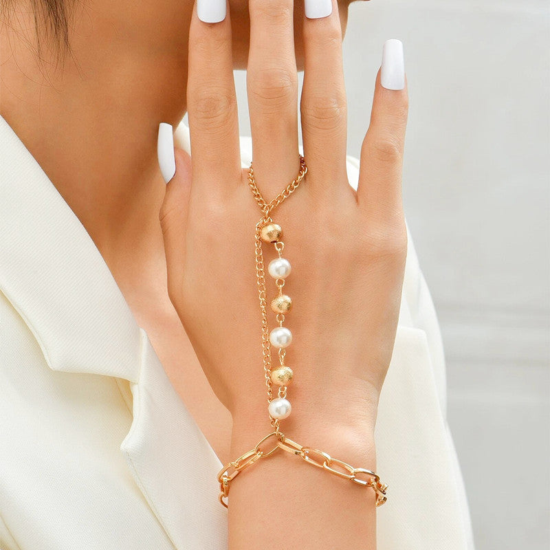 Bohemian Cuban Link Chain Imitation Pearl Beads Finger Ring Bracelet