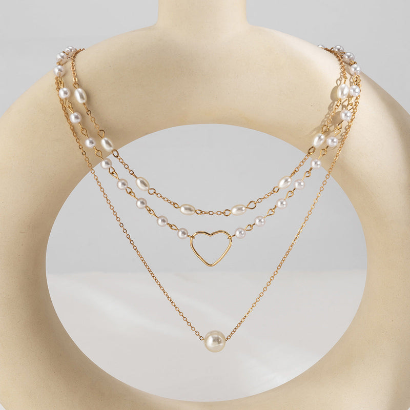 Geometric Beads Chain Twin Necklace Pearl Hollowed Out Love Necklace