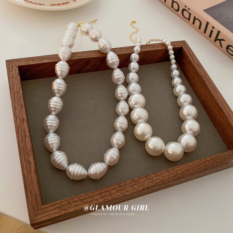 Vintage Beaded Chain Necklace Ethnic Imitation Big Pearl