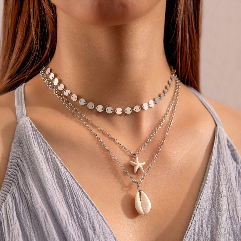 Multi Layer Chain Shell Choker Pendant Necklace