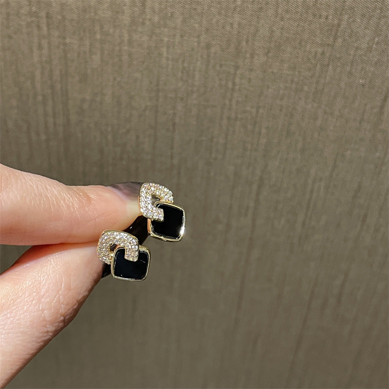 Black Enamel Geometric Square Stud Earrings