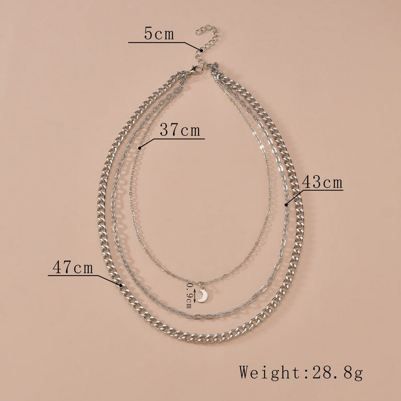 Multi-layered Chain Necklace Crescent Charm