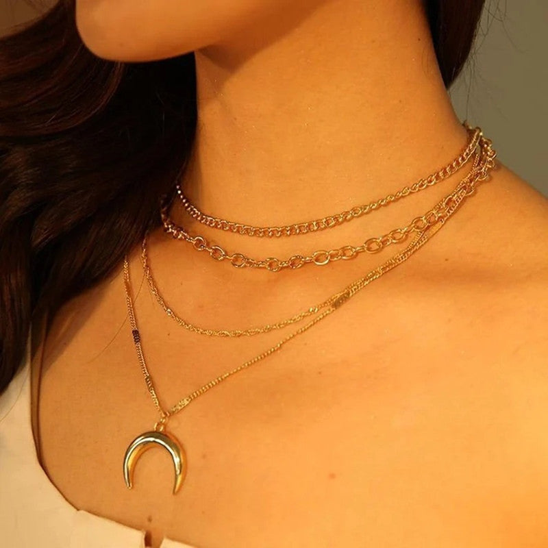 Multi-layer Paperclip Link Crescent Necklace