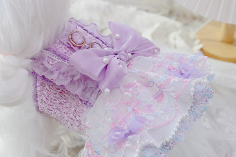 Handmade Luxury Dog Dress Purple Lace Pearl Bow Outfit