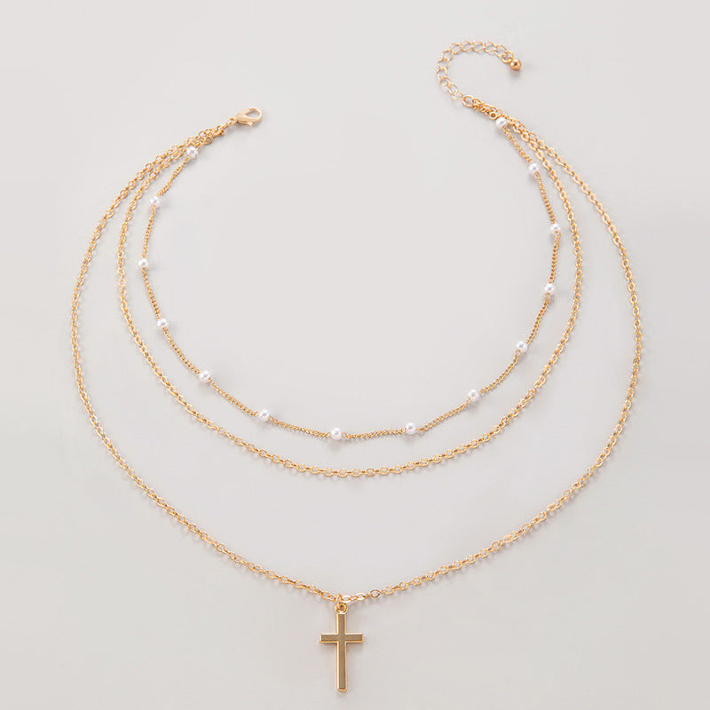 Multi-Layer Chain Pearl Cross Necklace