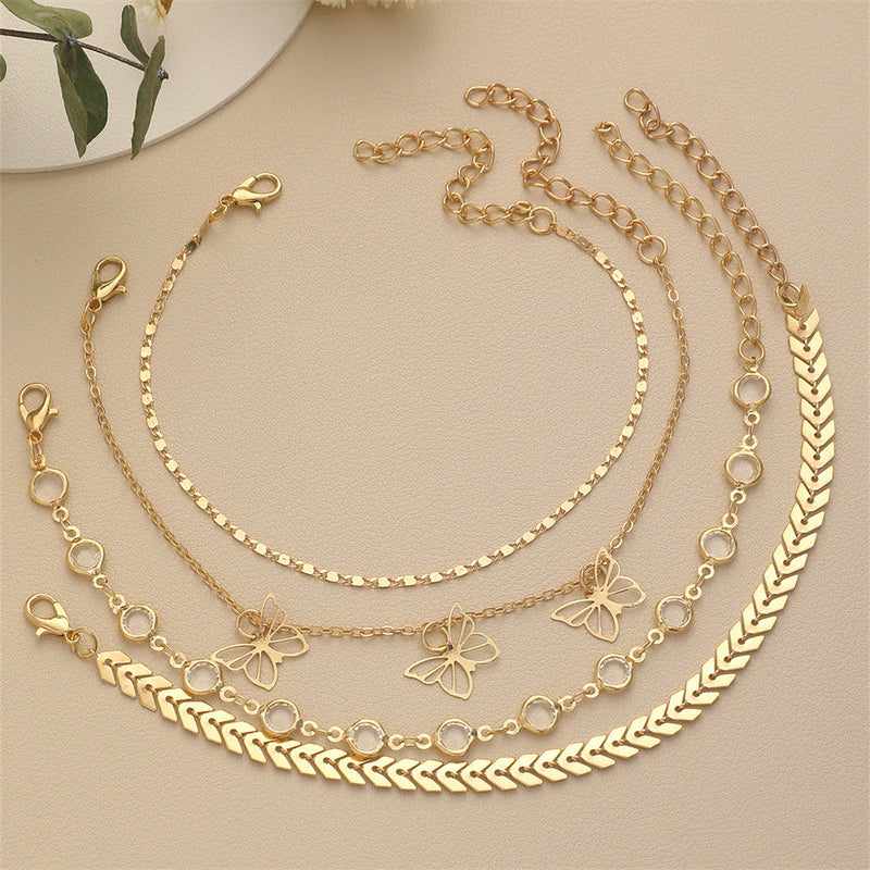 Rhinestone Butterfly Anklet Set Multi Layer Women Summer Beach Anklet Jewelry